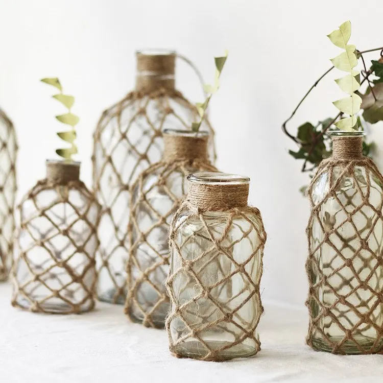 Country-Stil gewebte Hanf-Seil-Glasvase Blumenvasen kreative durchsichtige Glasvase für Hochzeiten Heimdekoration