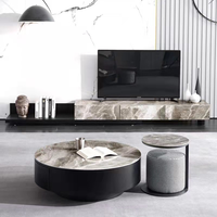Rundes Couchtisch-Set in moderner Größe mit Hocker, hölzerne Felsplatte einziehbarer Marmor-Coffee-Tisch Fernsehschrank