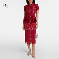 Ensembles de robes mi-longues pour femmes, de style vintage, à taille haute, en dentelle florale haut de gamme, pour le bureau et les cocktails, vente en gros, usine OEM/ODM