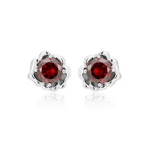 New Trend Romantic Rose Stud Earrings 925 Sterling Silver Red 5A CZ Women's Earrings
