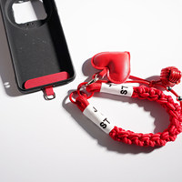 Dragonne de téléphone en cuir PU rouge festif avec patch cœur, cordon tressé, bracelet en peluche, porte-clés, breloque de sac Y2K, anti-perte pour coque de téléphone