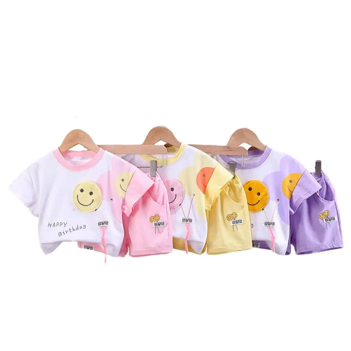 Sourire Patch Fleur T-shirt Top Match Couleur Court Enfants Vêtements Bébé Filles Vêtements Ensembles Personnalisé