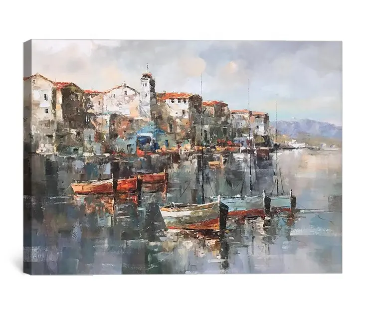 Peinture à l'huile sur toile de surface de bateau, image de village, vintage, de haute qualité, fait à la main, paysage artistique, vente en gros