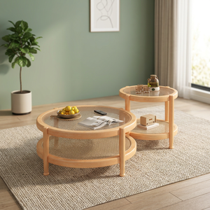 Modern Rattan <b>Coffee</b> <b>Table</b> <b>Set</b> <b>Nesting</b> Living Room Furniture With Storage Shelf Scandinavian Style - Product Image 2