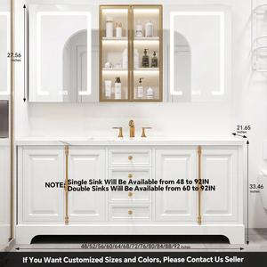 Meuble-lavabo de luxe rétro français - Double vasque en bois massif avec armoire miroir, plan de travail en pierre intégré avec vasque en céramique - Product Image 6