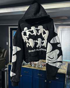 Yingling personnalisé surdimensionné sans cordes 3D bouffée impression Logo bord coupé Applique à capuche recadrée ourlet brut Streetwear à capuche - Product Image 4