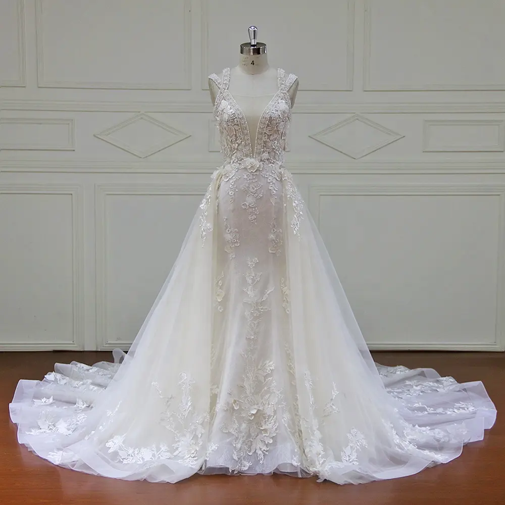 XF17011 Лидер продаж элегантное платье-Русалка с V-образным вырезом без рукавов со съемным шлейфом, кружевное свадебное платье с 3D бисером
