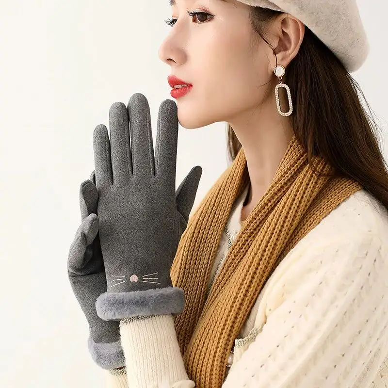 Ladies Winter German Velvet Plus Fleece Thickened Gloves Touch Screen Texting Warm Lining Cold Weather Gloves