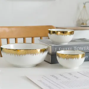Ensemble de bols à soupe créatifs en céramique 4.5/5/6/8 pouces bols à salade de céréales bols en porcelaine blanche de luxe pour la maison et la cuisine avec garniture dorée