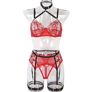Conjunto de Lencería Femenina Popular en Oferta, con Bordado de Corazón, Cuello Halter, Diseño Fluorescente y Sexy, con Transparencias, de Cuatro Piezas - Product Image 5