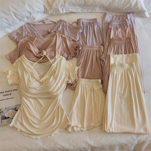 Pyjama en modal pour femme, ensemble short à manches courtes et pantalon long, fin, doux, avec soutien-gorge intégré, tenue d'intérieur - Product Image 2