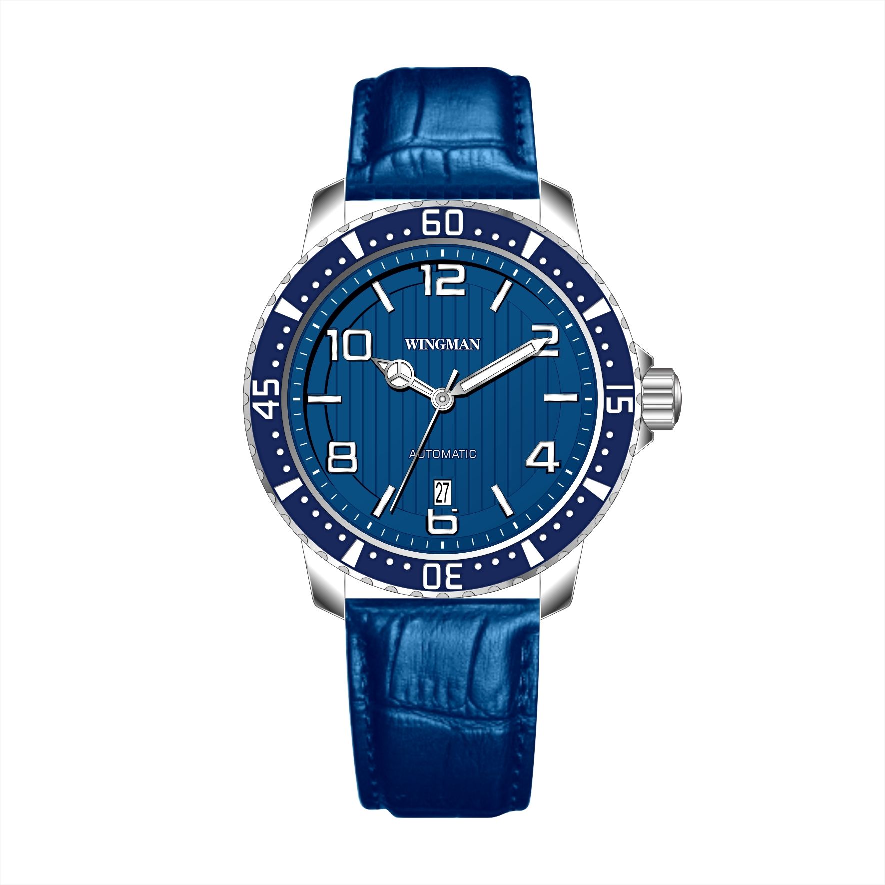 silver case withe blue face