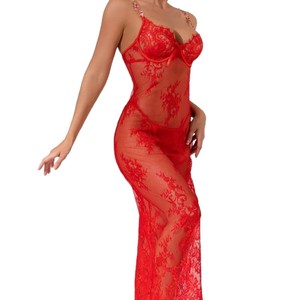 Robe longue transparente en dentelle pour femme, bretelles spaghetti, maille florale, sans manches, dos nu, pour soirée et club - Product Image 5