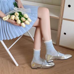 Women Mid-Calf <b>Socks</b> With Bow Pattern Breathable Lace Trim Spring Summer Thin Hollow Out Ballet Style <b>Socks</b> - Product Image 2