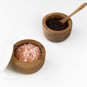Boîte à sel et poivre en bois d'acacia Boîte de rangement d'épices avec couvercle en marbre pour la cuisine - Product Image 6