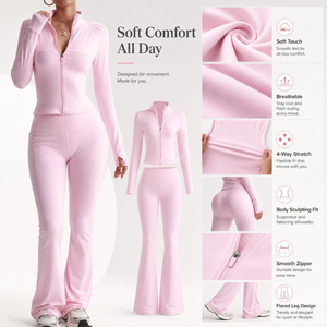 Ensemble de yoga 2 pièces pour femme ultra-extensible : veste zippée et leggings évasés, coupe ajustée, vêtements de sport avec trous pour les pouces - Product Image 5