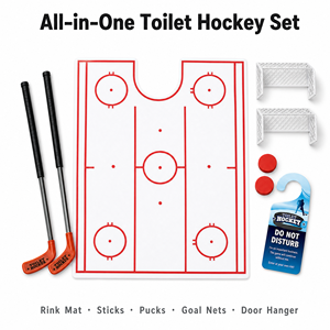 Jeu de hockey de toilette amusant en plastique, nouveauté farce, jouet de salle de bain, tapis de patinoire en U, bâtons, rondelles, filet de but, pour enfants et adultes, OEM - Product Image 5