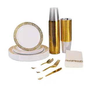 175 Pieces Disposable Lace Gold Dinnerware Plastic Party Charge Plates Set