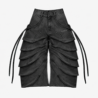 Shorts en jean épais DiZNEW Premium pour hommes, avec détails de panneaux superposés uniques, multi-sangles, coupe ample, logo personnalisé, fabrication BSCI