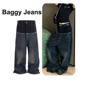 Vaqueros unisex personalizados de doble cintura, estilo urbano holgado con lavado ácido, efecto desgastado y pierna ancha para hombre y mujer con bordado. - Product Image 4
