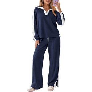 Ensemble de détente 2 pièces pour femme, sweat-shirt color block, pantalon large, col en V, poches, taille haute, cordon de serrage, manches longues, décontracté - Product Image 1