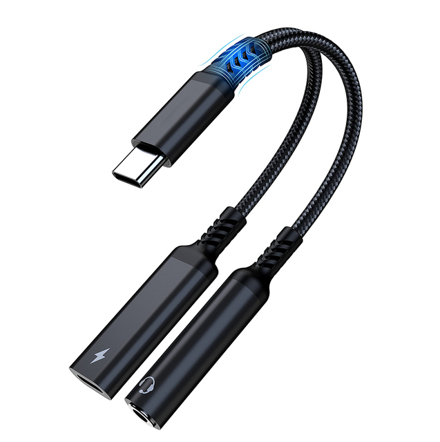 USB-C 3.5mm Headphone Adapter 2-in-1 PD 60W Fast Charging AC Output for Mobile Phone Braided Aluminum Brand New OTP Protection