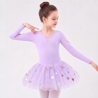 Robe de tutu de ballet pour filles, justaucorps à manches longues avec jupe en tulle à sequins étoiles, nœud au dos, pour performance scénique et entraînement, en spandex