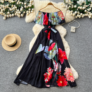 Vestidos Longos Elegantes de Verão com Ombros Descidos, Estampa <span class=keywords><strong>Floral</strong></span>, Sem Mangas e Cintura Ajustável para Mulheres em Férias - Product Image 3