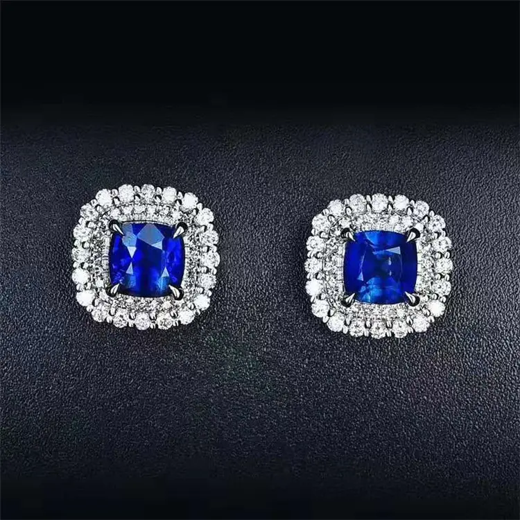 delicate diamond gemstone jewelry wedding 18k gold 0.7+0.645ct natural royal blue sapphire stud earring women