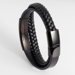 Wholesale Black Plated Hand-weaving Strand Stainless Steel Blank Bar Charm <b>Leather</b> <b>Bracelet</b> for Men - Product Image 2
