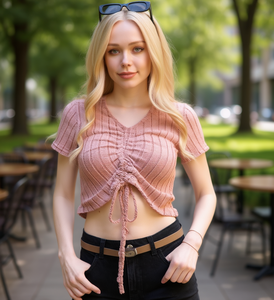 Top de punto para mujer, manga corta, cuello en V, con cordones, color liso, informal, 100% poliéster - Product Image 2