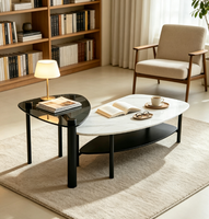 Ensemble de tables basses gigognes modernes avec plateau en pierre imprimé en 3D, verre trempé gris de 8 mm et pieds en métal pour maison, villa, hôtel - Vente en gros
