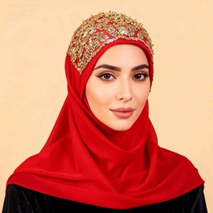 Conjunto de pañuelo para la cabeza étnico de gasa con cuentas, pañuelo largo de alta gama, a la moda y popular, para hijab - Product Image 4