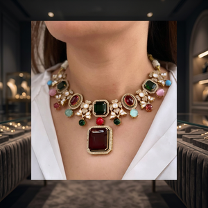 Parure de collier en laiton plaqué or mat, ornée de zircons multicolores, de pierres Kundan et de diamants Polki, idéale pour mariages, fiançailles et fêtes. - Product Image 3