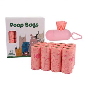 Sacs à crottes de chien épais, écologiques, biodégradables, en matériau HDPE+EPI, couleur verte/rose, 12 rouleaux, motif mignon, offre en gros - Product Image 1