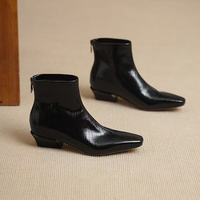 Bottines pour femmes à bout pointu, talon épais, fermeture éclair, en cuir de vache, doublure en peau de mouton, antidérapantes, automne/hiver
