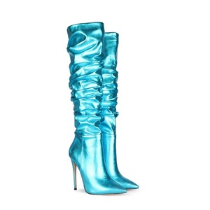 Oro Metallo di Disegno Superiore Delle Donne Sopra Il <span class=keywords><strong>Ginocchio</strong></span> di Alta Boot Coscia Alta Pile Up <span class=keywords><strong>Stivali</strong></span> per Le Donne Dello Stiletto Alti Talloni lunghi stivaletti - Product Image 6