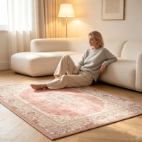 Tapis de sol vintage en polyester lavable, motif médaillon persan rose poudré, effet vieilli, pour la décoration intérieure
