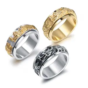 欧美不锈钢戒指镀金个性龙形可以旋转戒指男士首饰