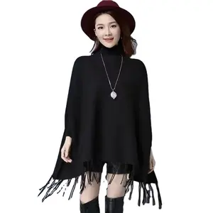 100% wool poncho Women Button Turtle Neck knit plain Poncho Cashmere cloak style knitted woman sweater shawl