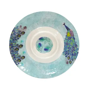 Eco friendly cheap OEM Wholesale peacock pattern dishes custom print 15" melamine divided dinner chip and dip plastic plate