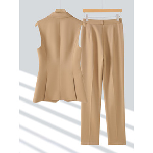 Khaki Women's Suit Vest Set Slim Fit Professional Two Piece Solid Color Worsted Fabric YSY8918 - Product Image 4