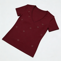 T-shirts pour femmes avec strass, impression de logo personnalisé, col en V, manches courtes, pour un usage quotidien décontracté et élégant