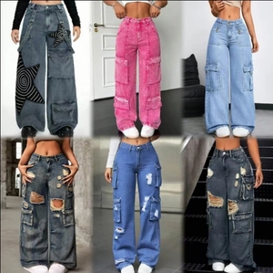 Jeans da Donna a Gamba Dritta e Vestibilità Comoda, <span class=keywords><strong>Vita</strong></span> <span class=keywords><strong>Alta</strong></span>, in Denim Elasticizzato, Stile Casual Streetwear, per Uso Quotidiano, Effetto Lavato - Product Image 2