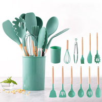 Peralatan dapur lengkap anti lengket 12 buah, Kit peralatan dapur silikon dengan pegangan kayu untuk memasak