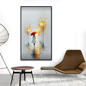 Peinture à l'huile sur toile représentant une rue pluvieuse atmosphérique - Parapluie rouge fait main avec figurine encadrée, décoration murale <span class=keywords><strong>40x70</strong></span> cm pour salon - Product Image 3