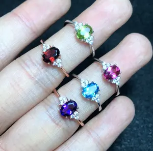 925 Sterling Silver Batu Permata Alami Cincin Pertunangan London Mistis Biru dan Merah Muda Topaz Cincin Olivine Wanita