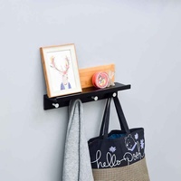 Porte-manteau mural moderne noir à double niveau en bambou avec étagère, 4 crochets à chevilles, crochets à clés pour derrière la porte, design flottant