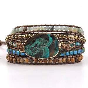 Thời Trang Phụ Nữ Đính Cườm Đồ Trang Sức Handmade Hỗn Hợp Đá Tự Nhiên Tinh Thể Thủy Tinh Màu Xanh Châu Phi Turquoise 5 Sợi Bọc Vòng Đeo Tay - Product Image 6