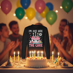 Camiseta de manga larga con diseño de postre y pastel, promocional, con la frase 'I'm Just Here for the Cake' - Product Image 3
